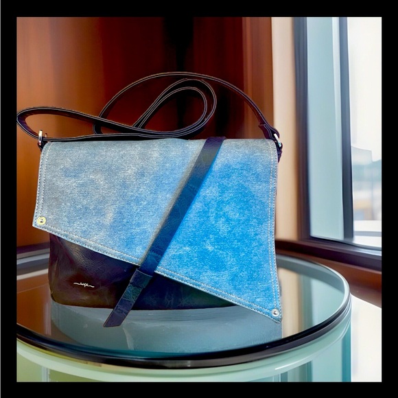 ESPE Vegan Leather Shoulder/ Messenger  Purse Tote Bag Blue And Denim - Picture 1 of 12